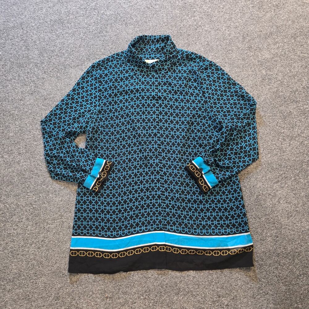 Michael Kors Top Womens Size Large Black Blue Button Up Geometric Career Casual